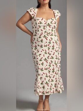 Anthropologie The Cecily Fit & Flare Sweetheart Midi Dress Strawberry Print L